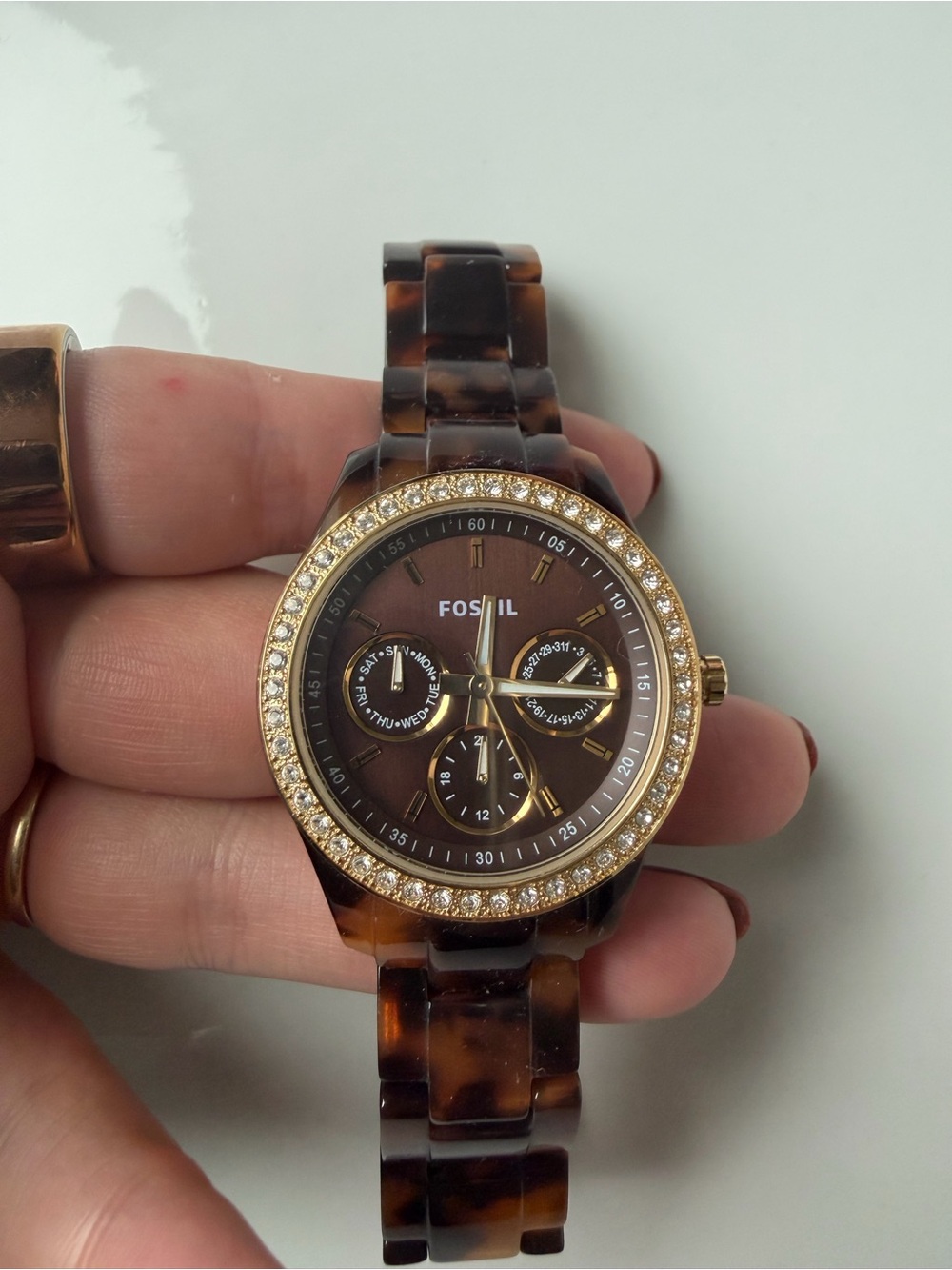 Fossil Women's Tortoise Shell and Gold Crystal Bezel Watch #018